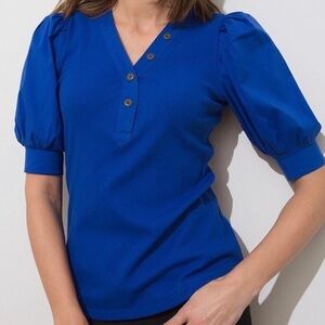 Chico’s Womens XL Short Puff Smock Sleeve Henley Ribbed Blue Blouse Top size 3